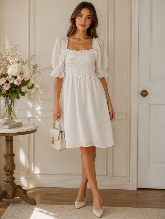 indigo Rose Dresses & Skirts - INDIGO ROSE | White Swiss Dot Smocked Puff Sleeve Midi Dress | Size 2X